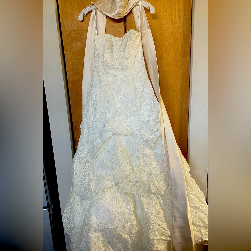 David’s bridal wedding dress / gown. Lace, sequins with satin sash. Used once.